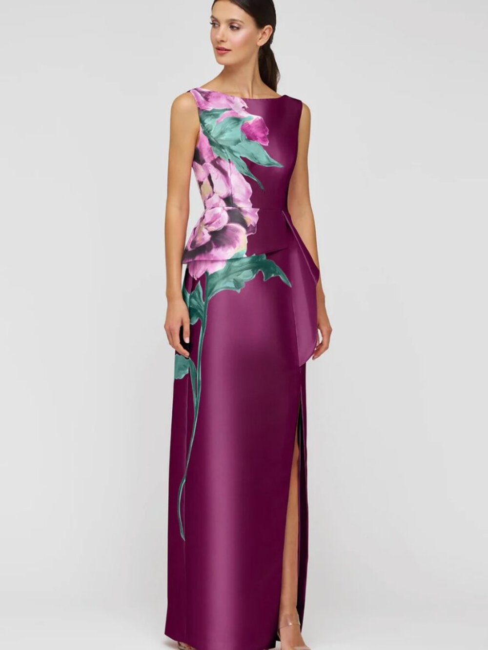 Kay Unger Mulberry Purple Luciana Placed Floral Mikado Column Gown - Picture 2 of 4